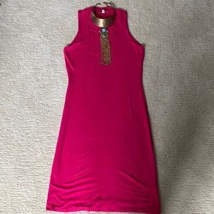 This double-lined, mid neck, bright pink dress will make your curves POP